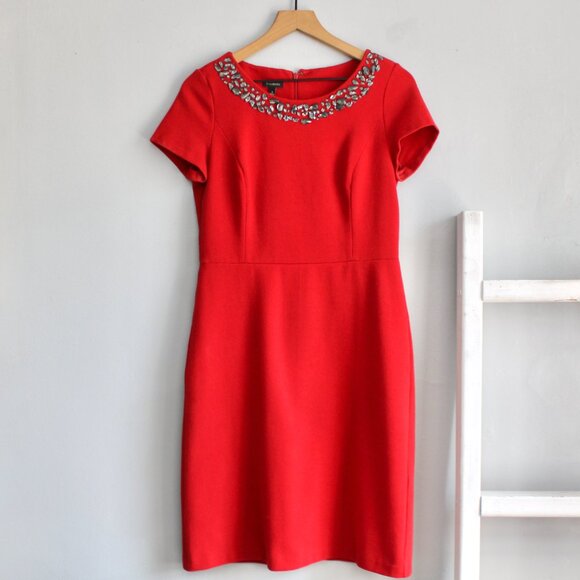 Talbots Dresses & Skirts - Talbots Red Jewel Embellished Collar Ottoman Ponte Sheath Dress Size 4 / Small